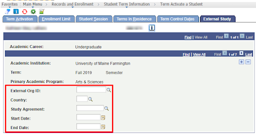 External Study tab on the Term Activate a Student screen showing the External Study tab on the Term Activate a Student screen with a red box around where you enter the host school information, dates and study agreement.