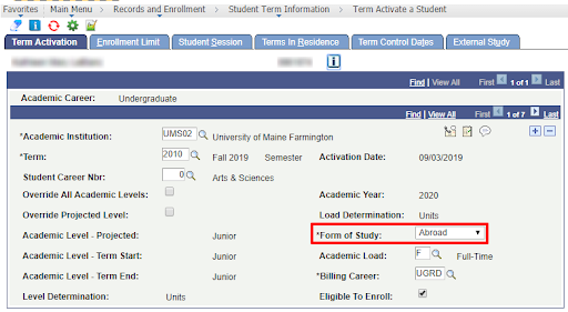 Term Activation tab on the Term Activate a Student screen showing the Term Activation tab on the Term Activate a Student screen with the form of study box surrounded by a red box.